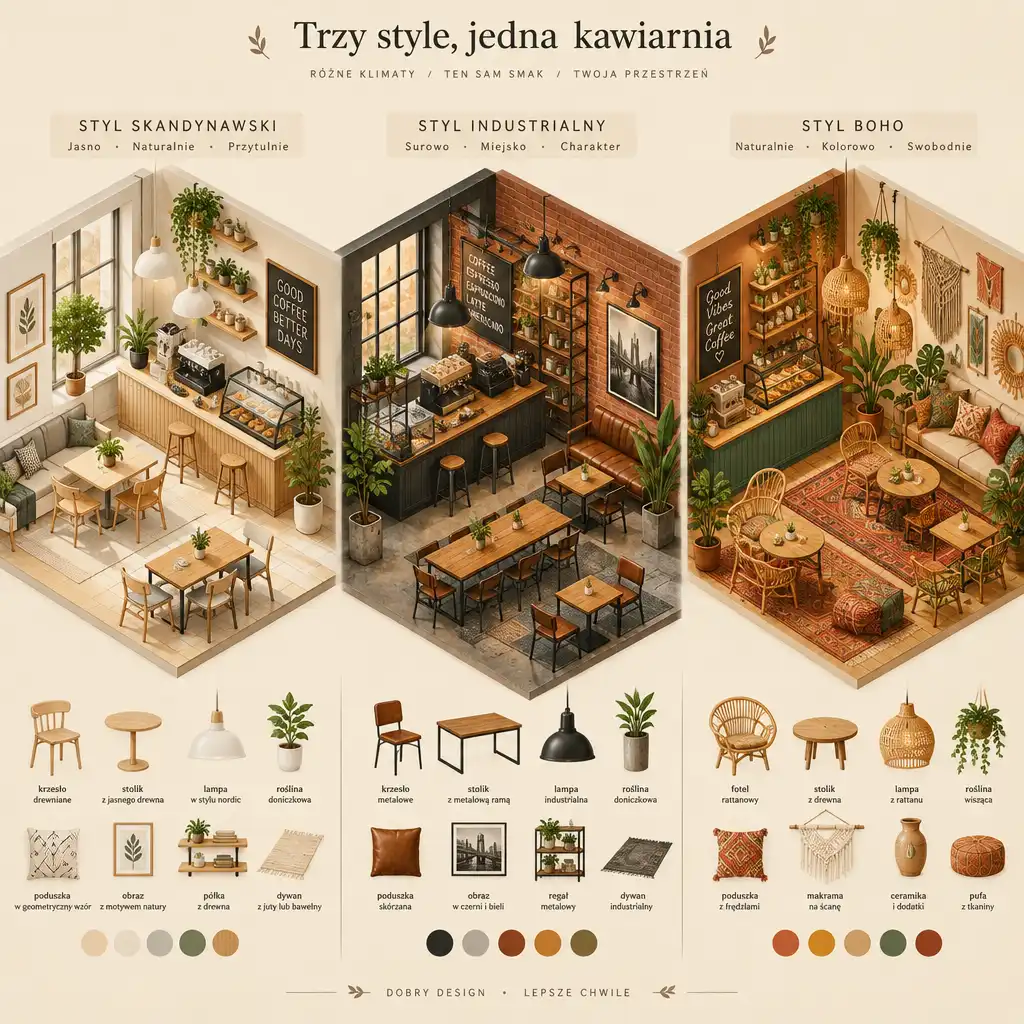 Isometryczna ilustracja różnych stylów dekoracji kawiarni: skandynawskiego, industrialnego i boho