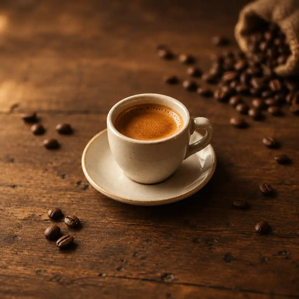 Filiżanka espresso na drewnianym stole