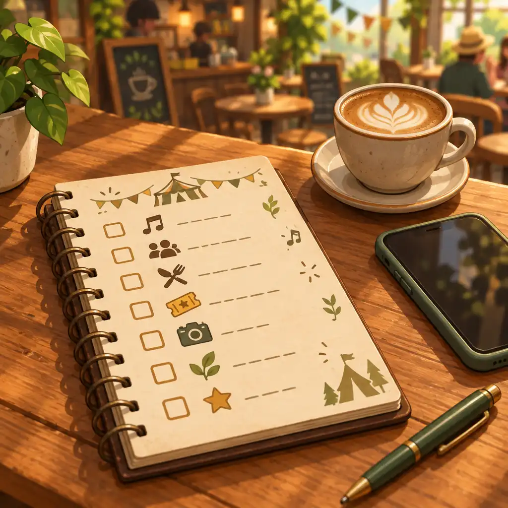 Ilustracja notatnika z listą zadań festiwalowych obok filiżanki kawy