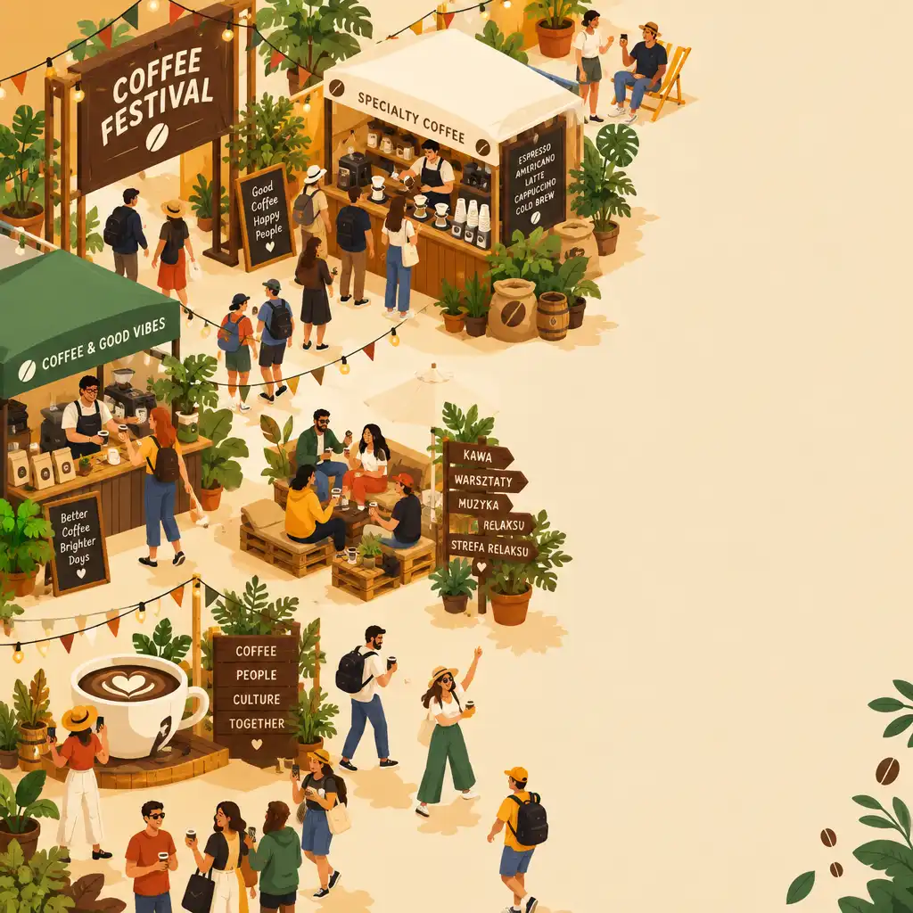 Isometryczna ilustracja festiwalu kawowego ze stoiskami, dekoracjami i świętującymi ludźmi