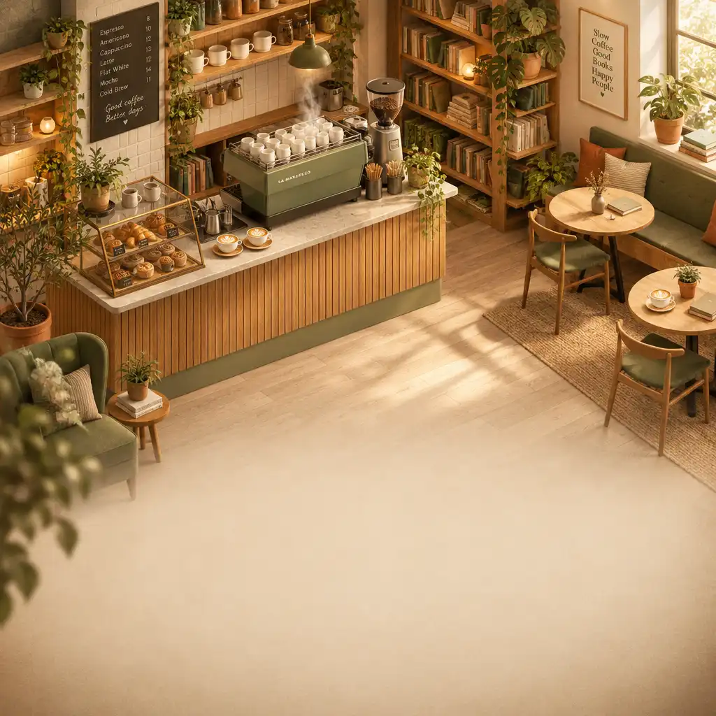 Isometryczna ilustracja przytulnej kawiarni z parującym ekspresem do kawy, filiżankami cappuccino i regałami z książkami
