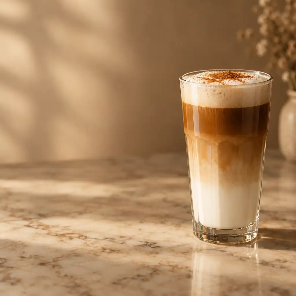 Latte w wysokiej szklance na marmurowym blacie