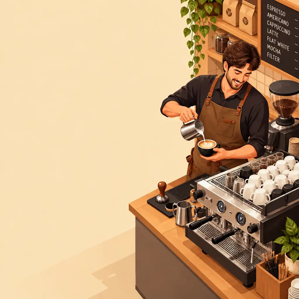 Isometryczna ilustracja uśmiechniętego baristy przygotowującego kawę przy ekspresie