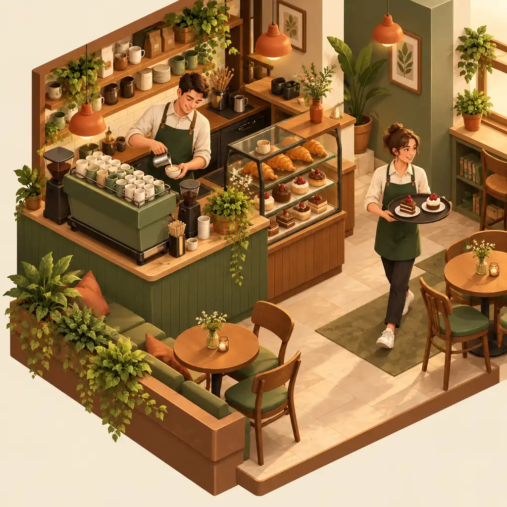 Isometryczna ilustracja personelu kawiarni przy pracy: barista przygotowujący kawę przy ekspresie i kelnerka niosąca tacę z deserami