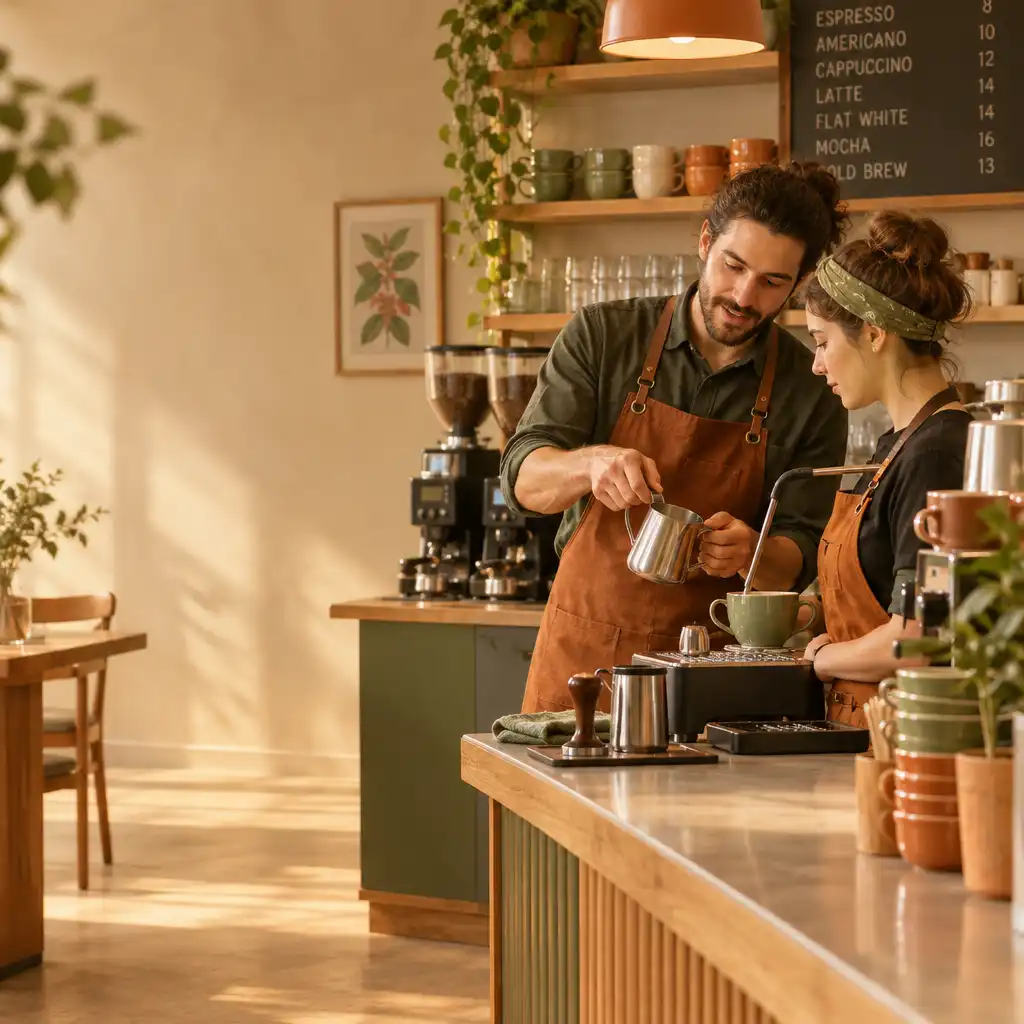 Ilustracja szkolenia personelu w kawiarni: barista uczy nowego pracownika parzenia kawy, w tle ekspresy i filiżanki
