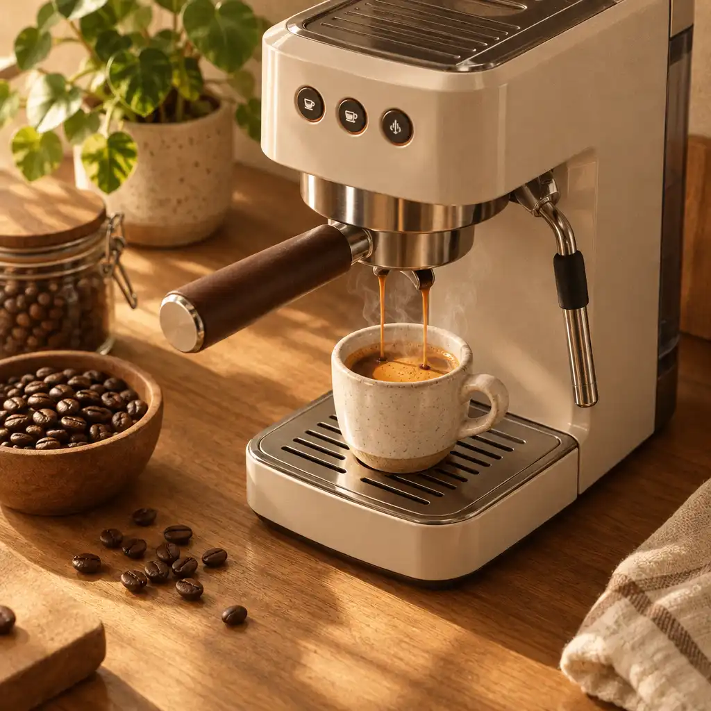 Zbliżenie na isometryczny ekspres do kawy z parującą filiżanką espresso