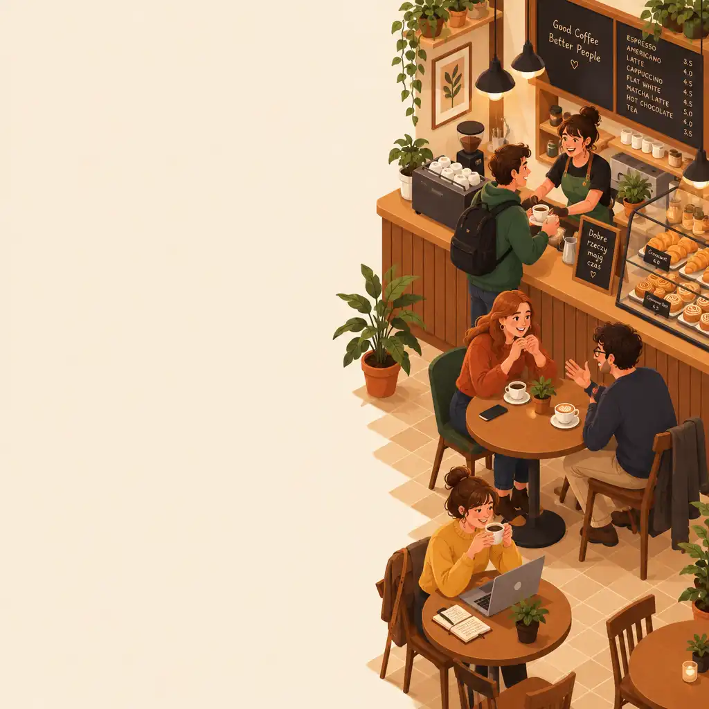 Isometryczna ilustracja grupy przyjaznych postaci w kawiarni: barista za ladą i klienci przy stolikach