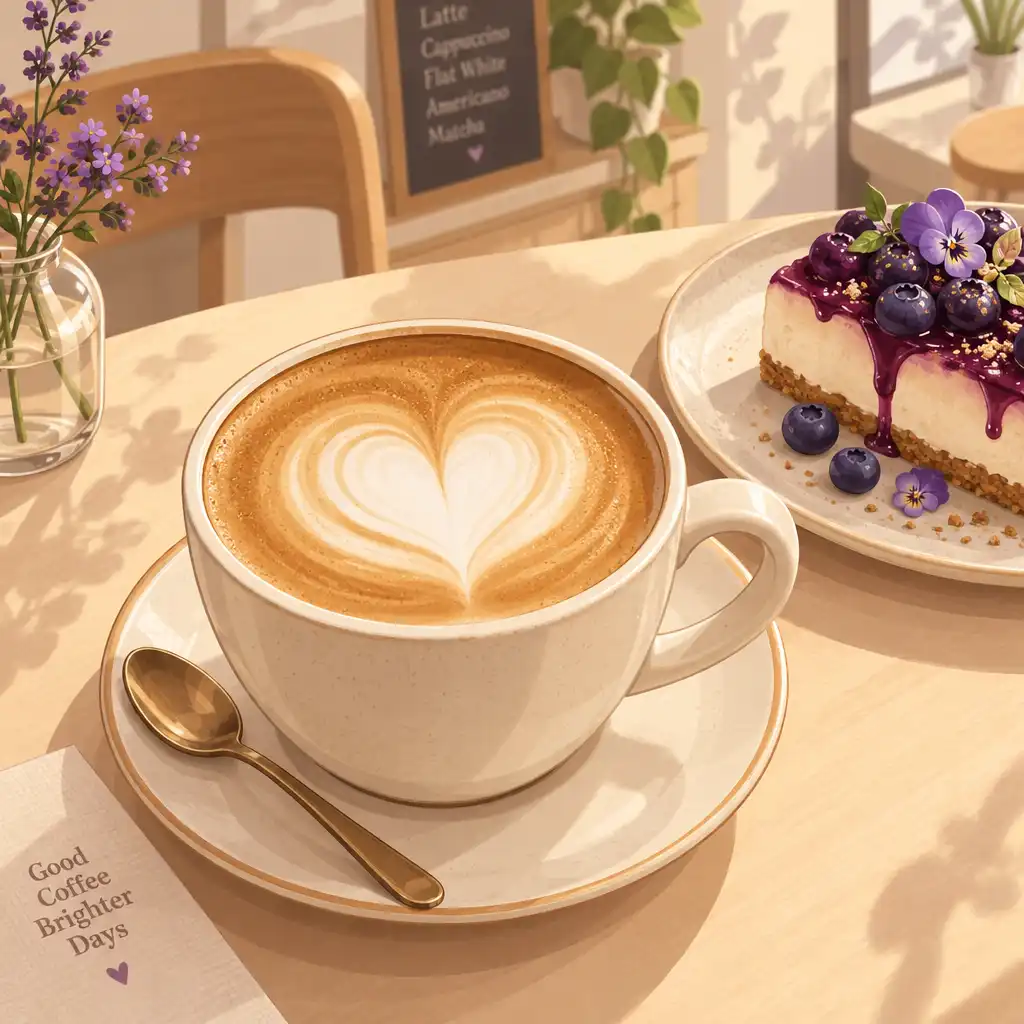 Ilustracja filiżanki kawy z latte art i deserem