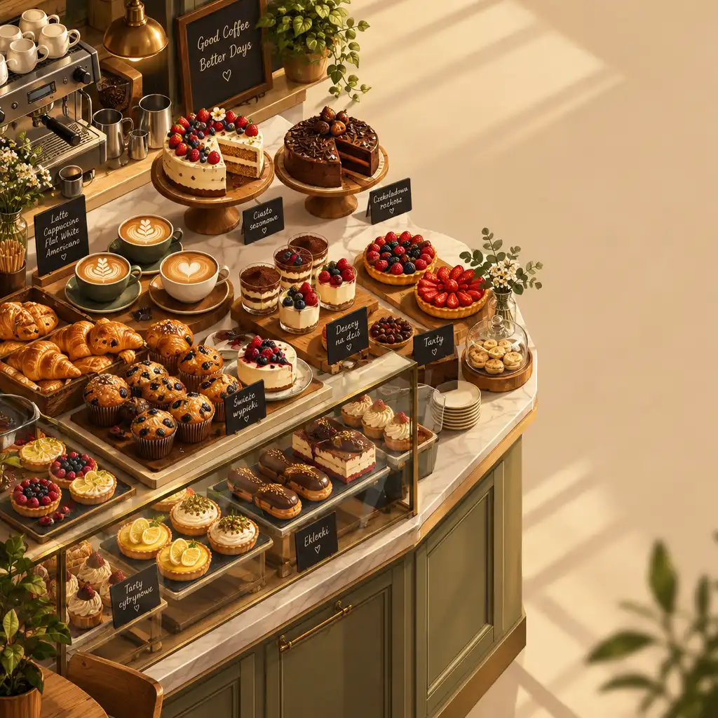 Isometryczna ilustracja filiżanek kawy z latte art, ciast i tart na ladzie