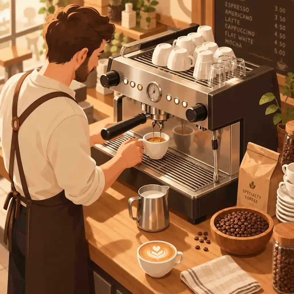 Ilustracja przedstawiająca baristę przygotowującego kawę przy ekspresie