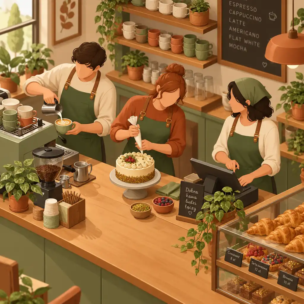 Ilustracja zespołu baristów współpracujących w kawiarni
