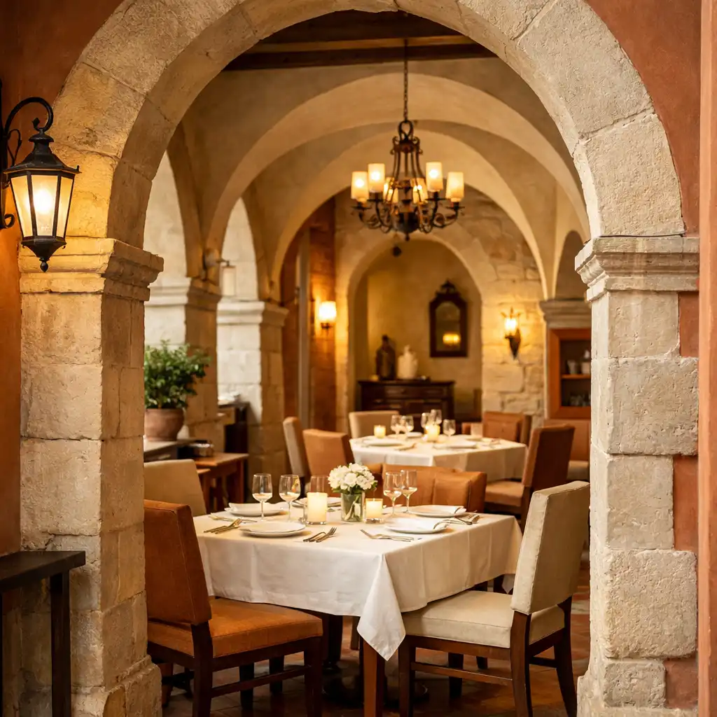 Wnętrze restauracji Kuchnia Spotkań z architektonicznymi łukami i ciepłym oświetleniem