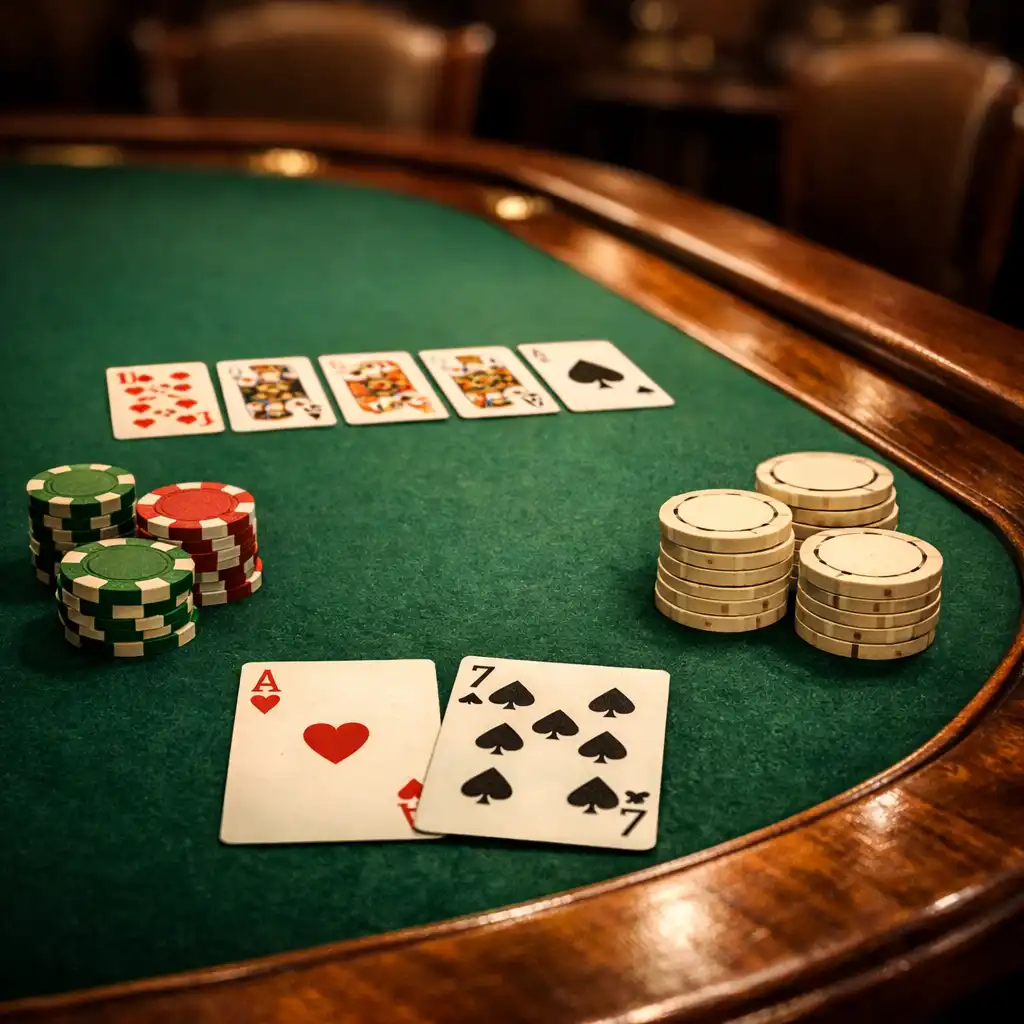 Stół pokerowy z zielonym suknem, kartami i ceramicznymi żetonami w ciepłym oświetleniu sali Kuchni Spotkań