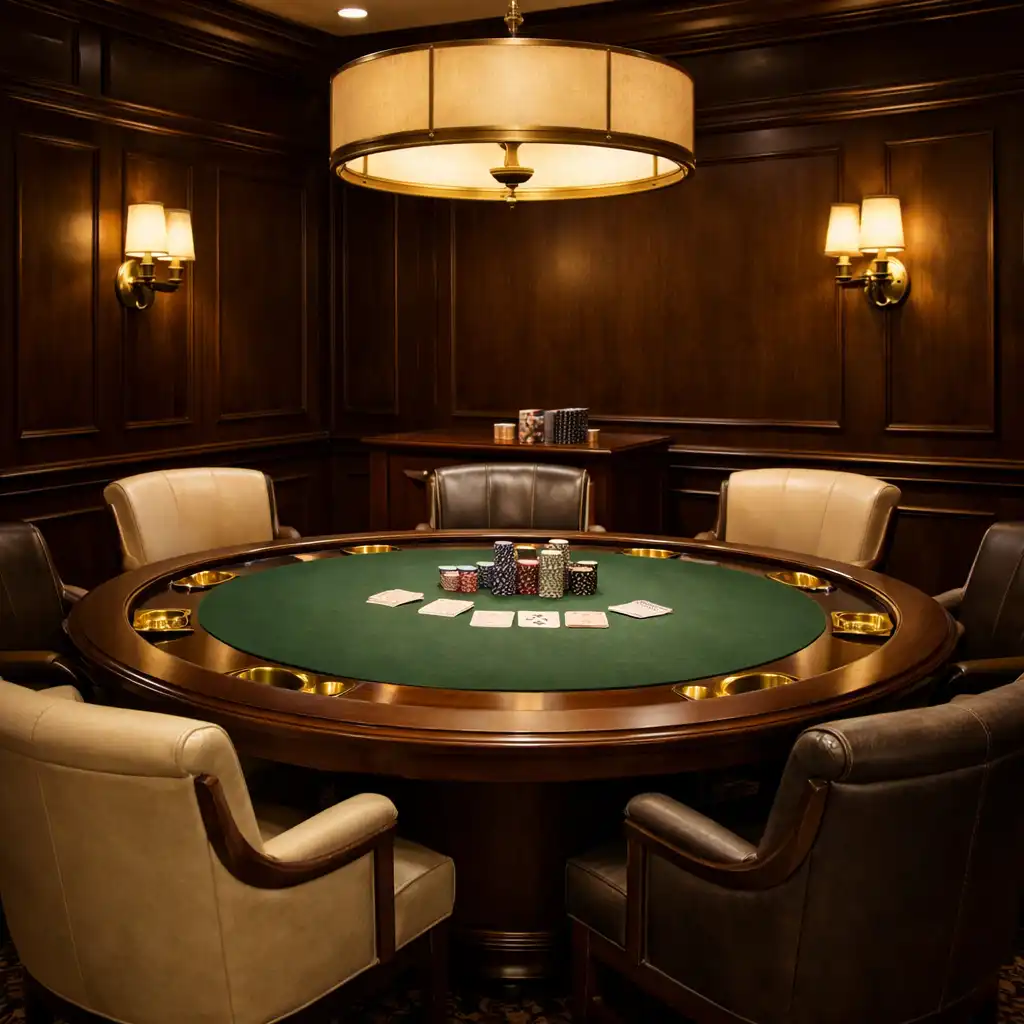 Wnętrze prywatnej sali pokerowej z okrągłym stołem, tapicerowanymi krzesłami i ciemną boazerią