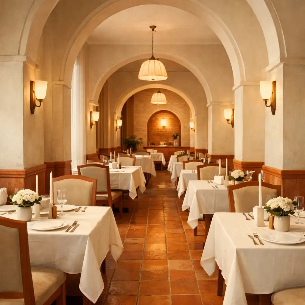 Eleganckie wnętrze restauracji Kuchnia Spotkań z łukami architektonicznymi i ciepłym oświetleniem