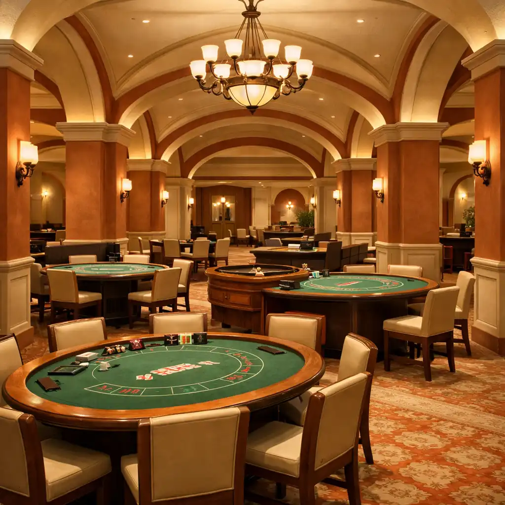 Sala gry z widokiem na stoły do pokera, ruletki i blackjacka, ciepłe światło, łuki architektoniczne
