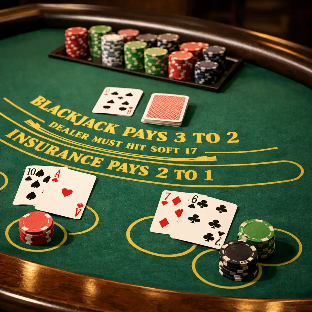 Stół do blackjacka z fizycznymi kartami i żetonami, zielone sukno, ciepłe światło