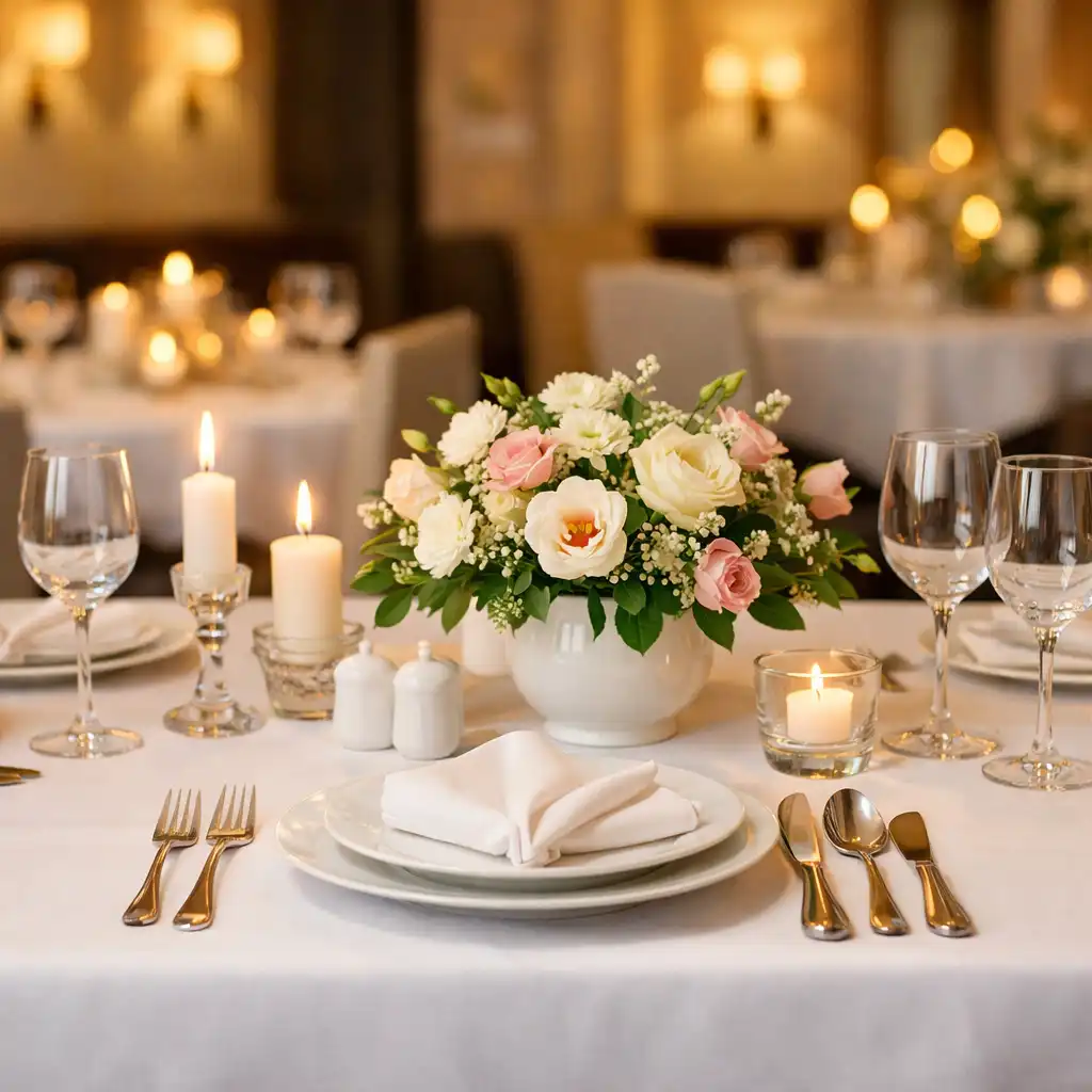 Elegancko nakryty stół w restauracji z białym obrusem i porcelaną