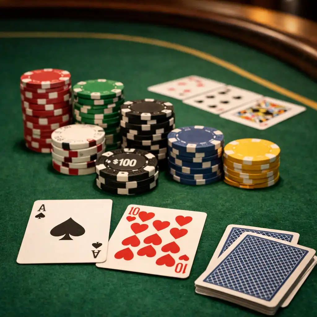 Stół pokerowy z zielonym suknem, fizycznymi kartami i żetonami, ciepłe światło