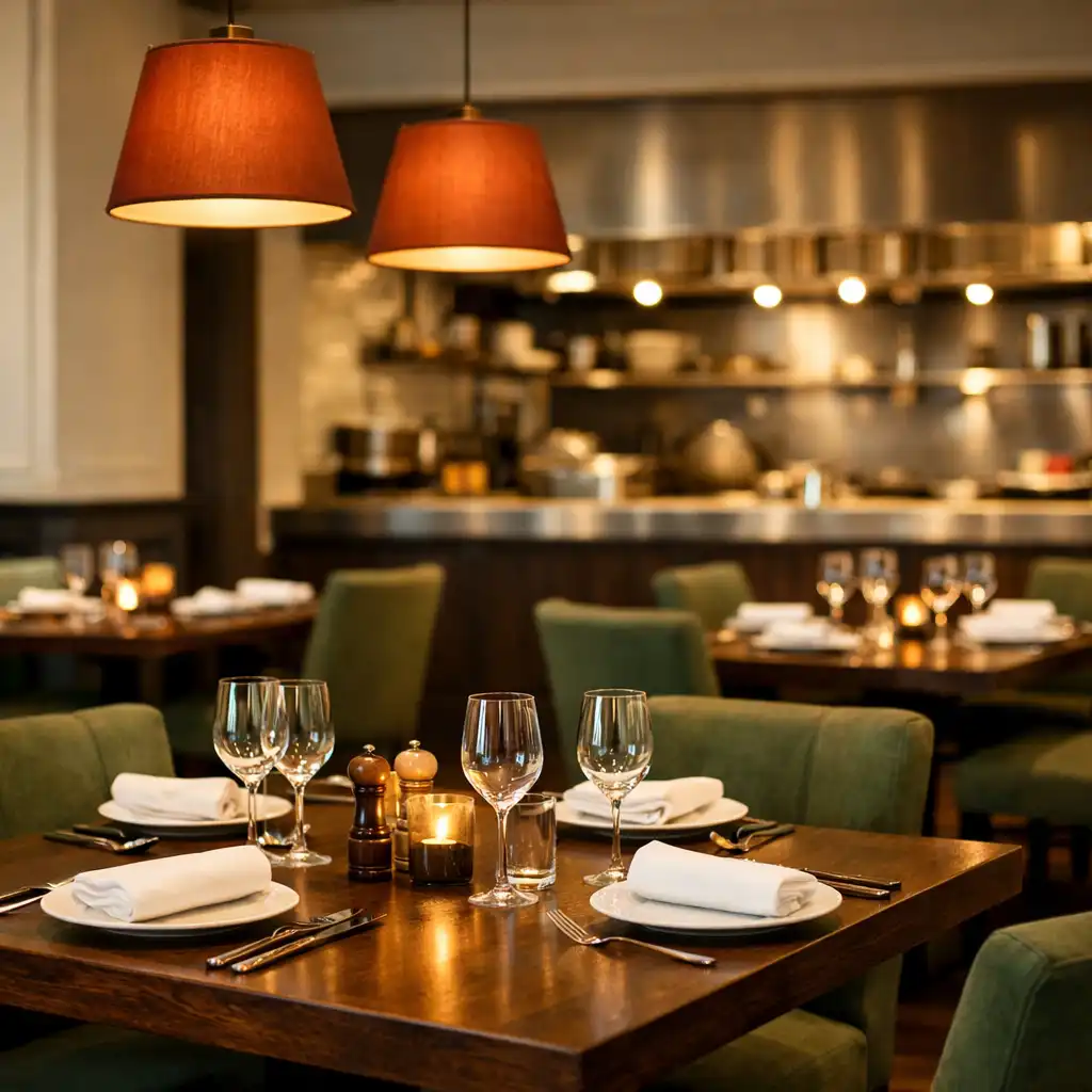 Sala restauracyjna Kuchni Spotkań z drewnianymi stołami, krzesłami tapicerowanymi w przygaszonej zieleni i wiszącymi lampami w kolorze terakoty. W tle częściowo otwarta kuchnia.