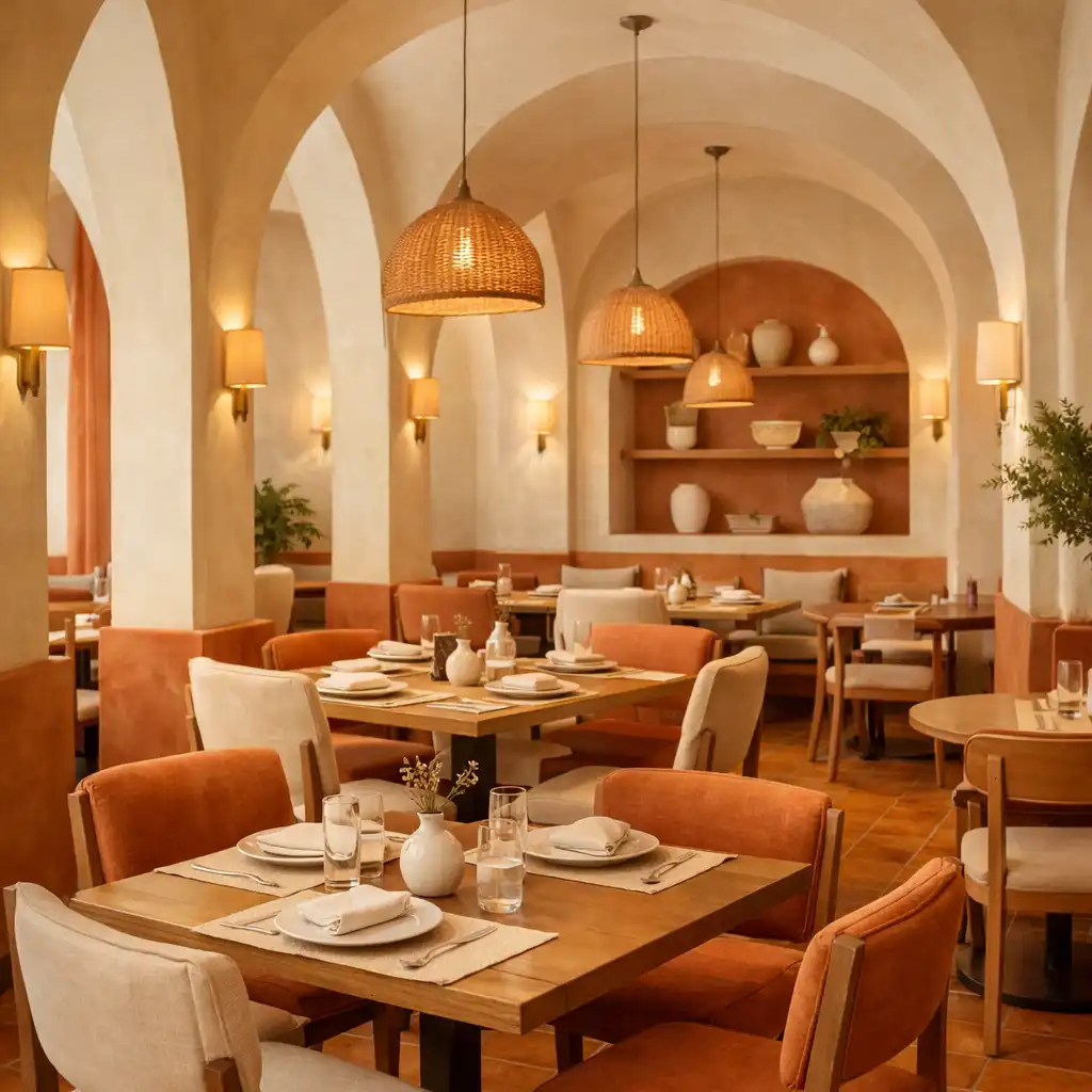 Sala główna restauracji z łukami i ciepłymi materiałami